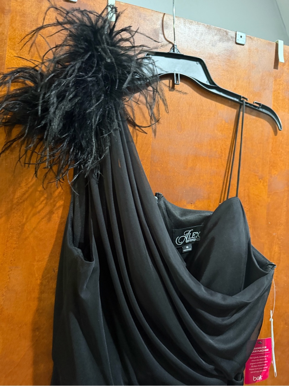 Alex Evenings Black One-Shoulder Feather Detail Maxi Dress